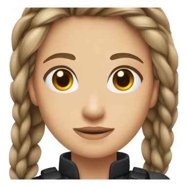 A young woman with a petite and slender build, pale, hazel eyes, and long brown hair that has a silver streak, pulled back into a braid. She’s wearing black tactical gear. sticker