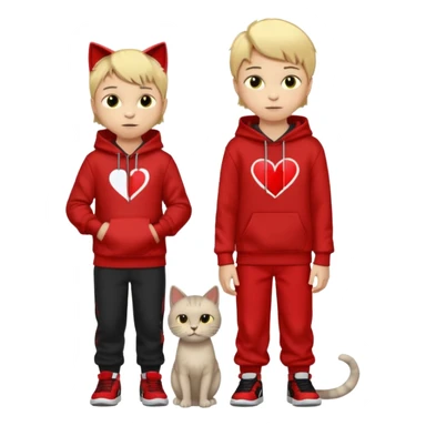 There is one 8 year old boy wearing a red and black hoodie say I heart cats he’s blond he has red Jordan’s and Hess wearing black pants he’s next to his only gray cat with yellow eyes  sticker