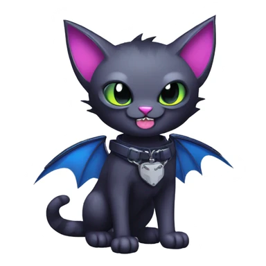  cool edgy kawaii dark-punk-themed animal vampiric cat-hybrid Fakemon with fangs and bat-wing-ears with a collar full body sticker