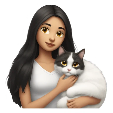 A girl with long dark hair and a white fluffy cat is lying on her left shoulder and neck sticker