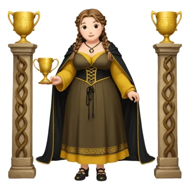 Helga Hufflepuff,brown-haired,2 braids,yellow-black medieval open dress,deep neckline,fat macromastia,black cloak decorated with gold braiding,gold cup with two handles,very kind smile,curvy busty sweet woman,round rosy cheeks,full length with medieval shoes sticker