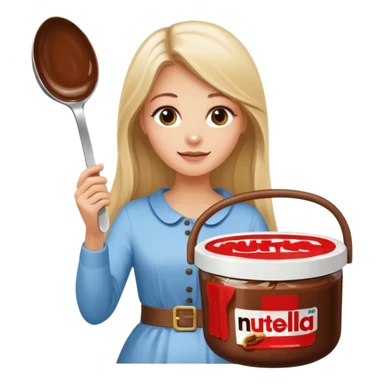 Nutella with a spoon. The glas of Nutella is almost empty . Next to the Nutella is the head of a blond woman who is looking forward to eat the Nutella. The hair of the woman needs to be longer. She is holding a big carriage of Nutella in her right hand and a oversized spoon in the other  sticker