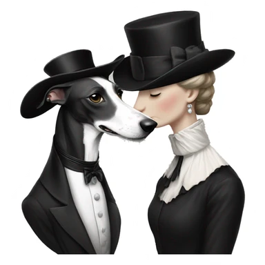 Two aristocrat dog black and white galgo kiss with women  sticker