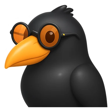 Make the bird emoji more emoji-like but keep the detailed, slightly cartoonish style of the reference. Smooth out the feather texture just a bit, add a subtle emoji shine, and keep the orange beak and round sunglasses. No background. sticker