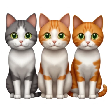 3 different coloured tiny short haired cats, including a dark grey and white cat with green eyes,and  a ginger and white with orange eyes and a brown tabby and white with hazel eyes sticker