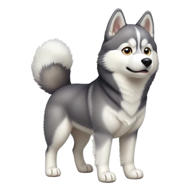 cinematic-[siberian husky]-realistic-full-body-standing-emoji,-tail-resting-loosely-beside-its-paws,-head-tilted-dramatically, -fluffy-[grey and white]-fur,-simplified-yet-realistic-focused-features,-highly-detailed,-glowing-with-an-almost-sarcastic-glow sticker