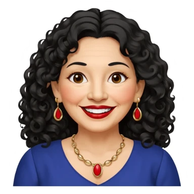 60 yr old Mexican woman, slightly chubby, wavy/curly long black hair, red lipstick, big smile, white teeth, brown eyes, hoop earings, side part to hair, round face, nice blouse, no wrinkle hair side swept, big hoop earing sticker