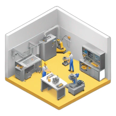 isometric square transparent solid outline border containing indoor creative workshop handmade factory three people actively working cnc machine tools vacuum simple clean industrial sticker