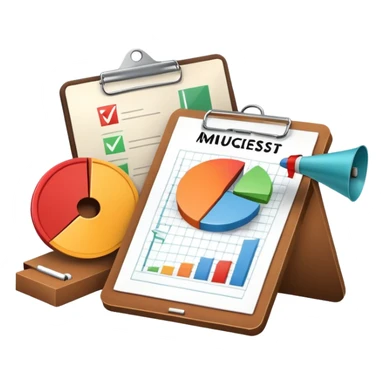 An icon featuring a pie chart, a clipboard with a checklist, and a megaphone, symbolizing management and marketing. The design includes upward-trending graphs and a target with an arrow, representing strategy and success. Transparent background highlights business organization and promotion. sticker