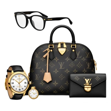 bag and watch, and glasses 1 specfic, all BLACK AND WHITE no other colors like gold put together like a bundle with no face, all luxury items like lv and prada, and rolex sticker