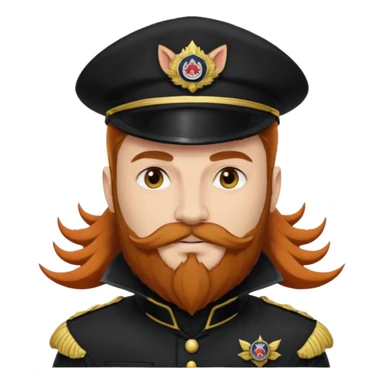An auburn-hair'ed admiral with a flawless bear and mustache wearing a black admiral outfit and hat with Wolf Ears coming out of the hat, and 9 tails behind him, with the admiral black shirt featuring on the left breast pocket the insignia of Helldivers 2. sticker