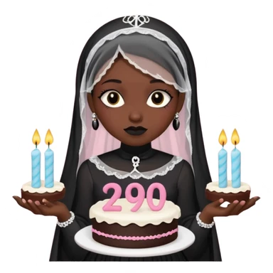 Emoji-style illustration of a cute sarcastic woman, black mourning dress and veil, holding a birthday cake with number 29 candles, ironic expression, RIP 20s theme, flat design, bold outlines, pastel gothic colors, high resolution, clean background, perfect for profile picture sticker