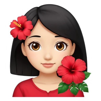 emoji-style kawaii girl face, Lilo inspiration, big round eyes, soft smile, tan skin, straight black hair, red hibiscus flower on left, minimal, pastel sticker
