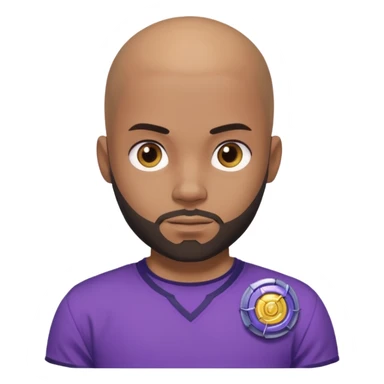 um jovem negro, careca, com barba, com um olhar confiante e olhando para frente, usando uma camisa roxa mostrando o seu beyblade. sticker