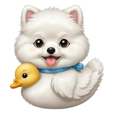 White Pomeranian carrying  a stuffed white toy duck in his mouth sticker