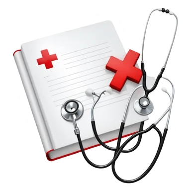 An icon featuring a red cross, a stethoscope, and a syringe, symbolizing medicine. The design includes a medical book, a heartbeat monitor, and a pill, representing the study and practice of healthcare, diagnostics, and treatment. Transparent background highlights the science of healing. sticker