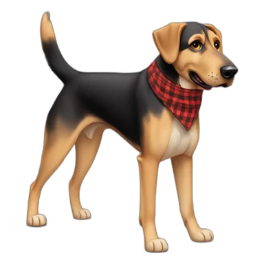 adult 75% Coonhound 25% German Shepherd mix dog with visible tail wearing small pointed red buffalo plaid bandana full body walking left quickly sticker