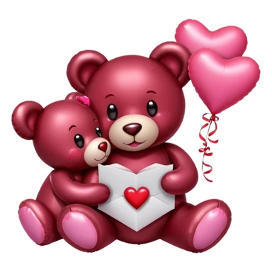 maroon love letter, three metallic pink heart-shaped balloons and red kisses and love teddy bear sticker