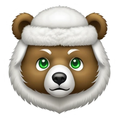 Adorable bear head with bright green eyes, white fluffy ushanka with clean simple Russian double-headed eagle emblem, minimalist iOS emoji style sticker