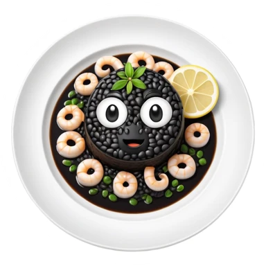 cinematic-realistic-black-risotto-dish-emoji,-showcasing-small squid pieces in black sauce -rendered-with-bold-textures-and-dynamic,-dramatic-lighting in a white plate with a grilled lemon on top sticker