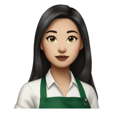 Beautiful and fashionable half white half asian (wasian) starbucks barista with green apron, long dark brown hair, cat eye makeup, light pink glossy lips and blush sticker