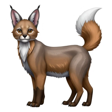 Realistic patterned marked edgy greyish blackish whitish silvery coppery Shiny Colorful Glossy Caracal-Fox-Cabbit-Lion-Bobcat-fusion-animal-hybrid-creature, full body, big-tufted-bat-ears, long-thin-tufted-white-tipped-tail, big-wide-cheeks sticker