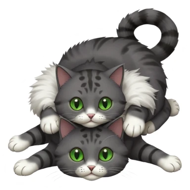 solid dark grey cat with green eyes, completely solid grey face, white toes/paws playing rolling upside down sticker