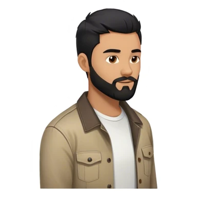 Men around 25 - 27 age with black hair and smooth black beard in shirt or jacket with white t-shirt inside see in towards the user with Right side profile sticker