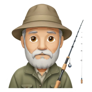 old fisherman with gray beard, fishing rod and hat sticker