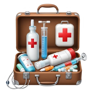 An icon featuring a medical suitcase with a red cross, a bottle of pills, a stethoscope, and a syringe, symbolizing medicine. The design includes a thermometer, bandages, representing healthcare and medical treatment. Transparent background highlights the science of healing. sticker