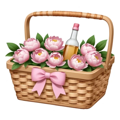 White Picnic basket with light pink bow and white peonies and a pink bottle inside sticker
