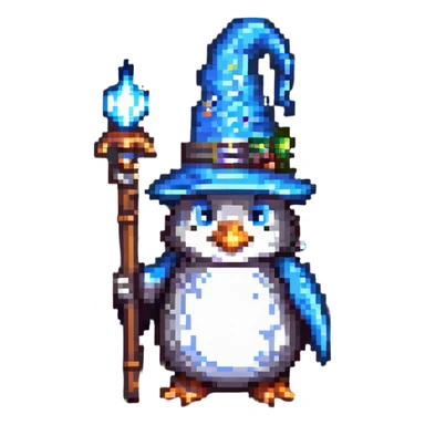 pixel art penguin wizard with a pointy hat and magic staff sticker