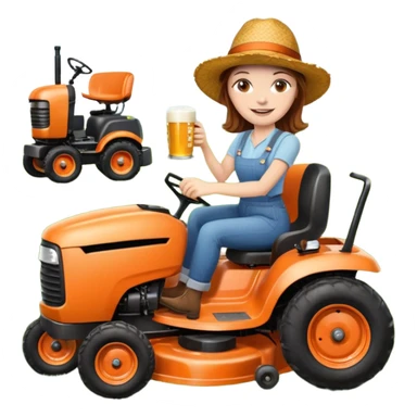 White woman with brown hair, without glasses wearing a straw hat, on old orange ride on lawn mower, holding a beer with one hand and holding the steering wheel with the other hand. Woman is smiling. Lawn mower has “Westwood” written on the engine cover sticker
