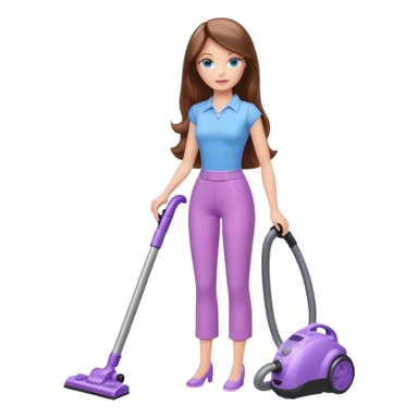 beautiful barbie girl with long brown hair, blue eyes and wearing light purple clothes, cleaning and vacuuming sticker