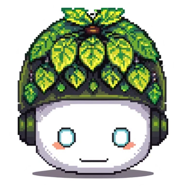 Green bomberman head only, round helmet with leaf-like antenna, cute white face, friendly eyes, pixel art style sticker