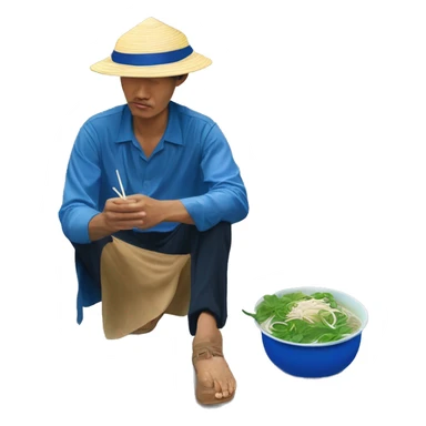 filipno man wearing vietnamse leaf hat sitting on the ground outside on the street in Vietnam eating a bowl of pho - the bowl itself is on a blue plastic stool sticker