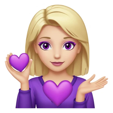 twitch emote, kinda chibi style. blonde hair: long, straight, no bangs. gray eyes. an eyebrow with a slit. purple eyeshadow/eyeliner with gold eyeshadow. only face and arms, hands visible. happy, holding a purple heart. white background. sticker