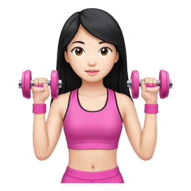 An Asian lady with long hair, blonde highlights, in a pink gym outfit, holding a pink dumbell sticker