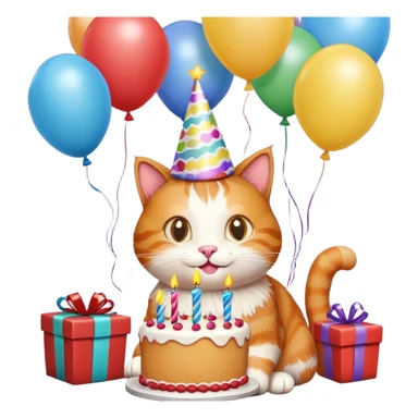 Ginger cat celebrates birthday, birthday hat, birthday cake, balloons, happy, gifts sticker