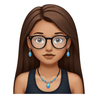 White girl with long brown hair, part going more to the RIGHT side, BLUE eyes, wearing BLACK plastic frame glasses. SEPTUM nose piercing hoop (at bottom of nose) AND stud nose piercing on right side of nose. Wearing BLACK tank top. No other jewelry sticker