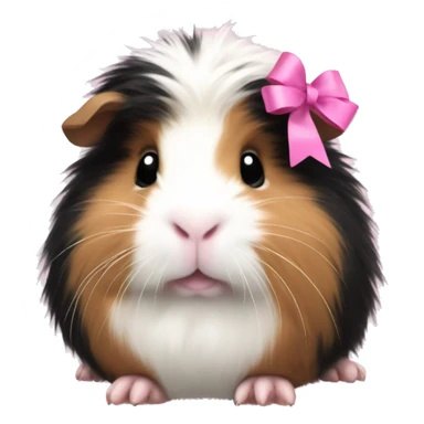 fluffy guinea pig with black white and tan fur wearing pink bow sticker