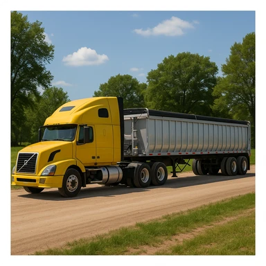 photorealistic Volvo yellow semi sleeper truck with a long silver end dump trailer, not in dumping position, side view, driving left down a dirt road with trees and grassy fields, sunny day sticker