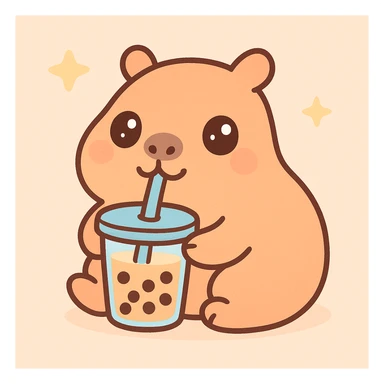 a fun and cute capybara drinking boba tea, playful and charming, adorable and friendly, with a straw and tapioca pearls visible sticker