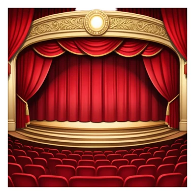 An icon depicting a grand theater stage with heavy curtains, spotlight shining on the performers, and an audience eagerly watching. The scene conveys the drama and excitement of live performances, with dramatic lighting and atmosphere. transparent background. sticker