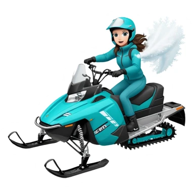 Can you create an emoji of a brunette girl on a teal polaris khaos 850 155 snowmobile doing a wheelie with snow flying sticker