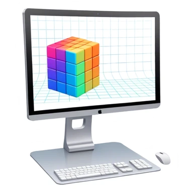Create an emoji for 3D visualization and modeling. Show a 3D cube or object with grid lines and a modeling tool (e.g., a mouse or stylus) on big curved monitor. Use modern, professional colors. Do not include any emojis or smiley faces. Make the background transparent. sticker