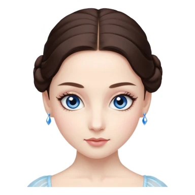 Realistic Ballerina Portrait, with porcelain-like skin featuring a natural rosy flush, illuminated by soft lighting that highlights the gentle contours of her face. Her Brunette hair flows in soft.Her deep blue eyes radiate framed by arched brows and long lashes. sticker