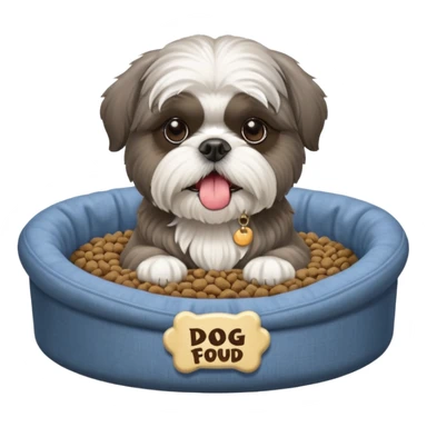 old ALL grey shih tzu in dog bed tongue hanging out with a bowl of food sticker