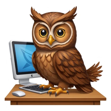 an owl working on computer in an appartement with  timber sticker