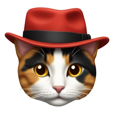 a calico cat wearing a red fedora hat with a black band in the style of the windows 10 emoji head only no body sticker